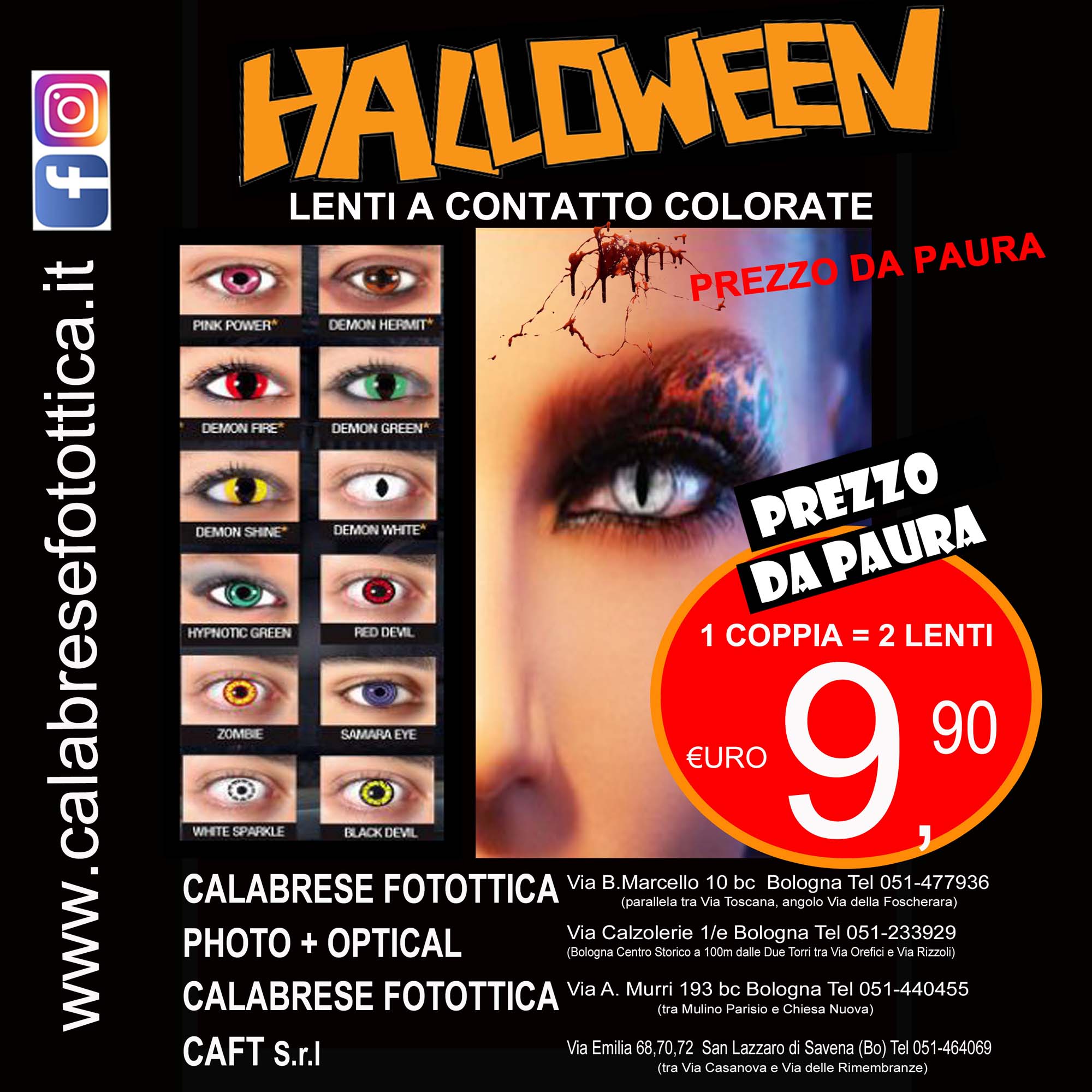 LENTI A CONTATTO COLORATE DI HALLOWEEN 31 OTTOBRE 2025 A BOLOGNA E SAN LAZZARO DI SAVENA: CALABRESE FOTOTTICA